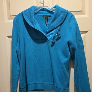 Lauren Ralph Lauren Sweater Womens XL Blue Good Toggle Shawl Neck Ribbed Knit